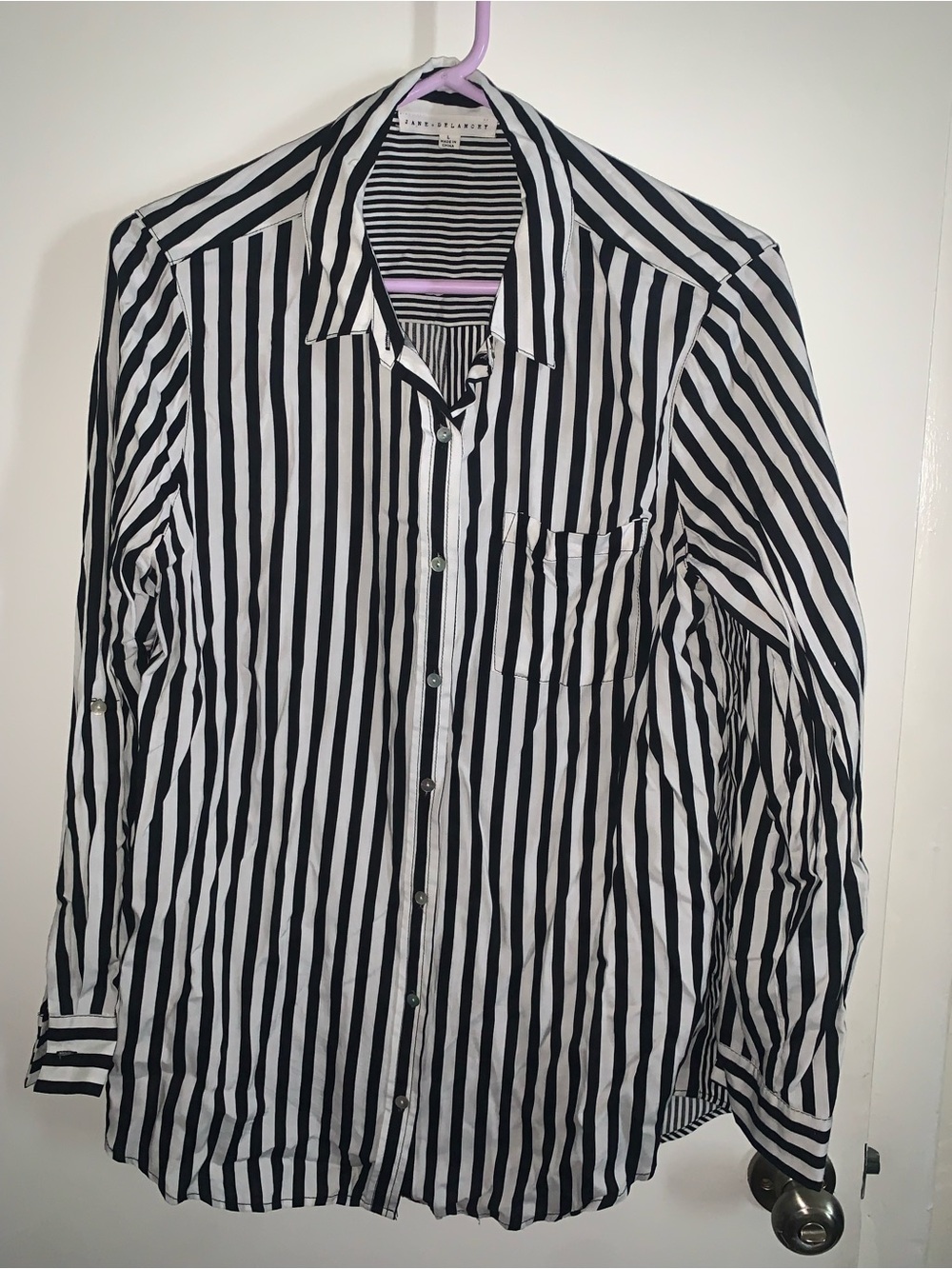 Women’s Black and White Striped Button Blouse